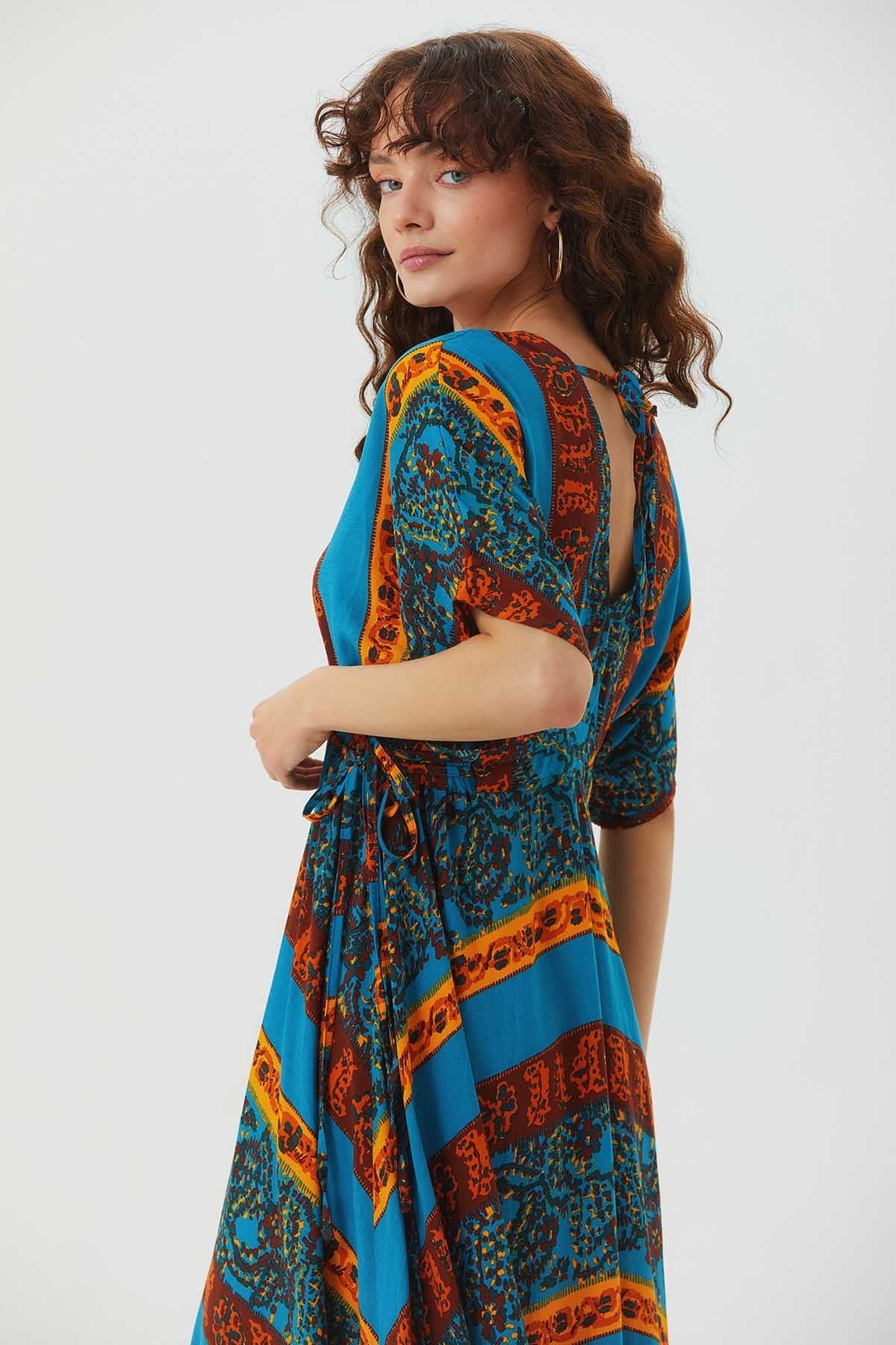 V Neck Half Sleeve Flowy Midi Dress Yellow