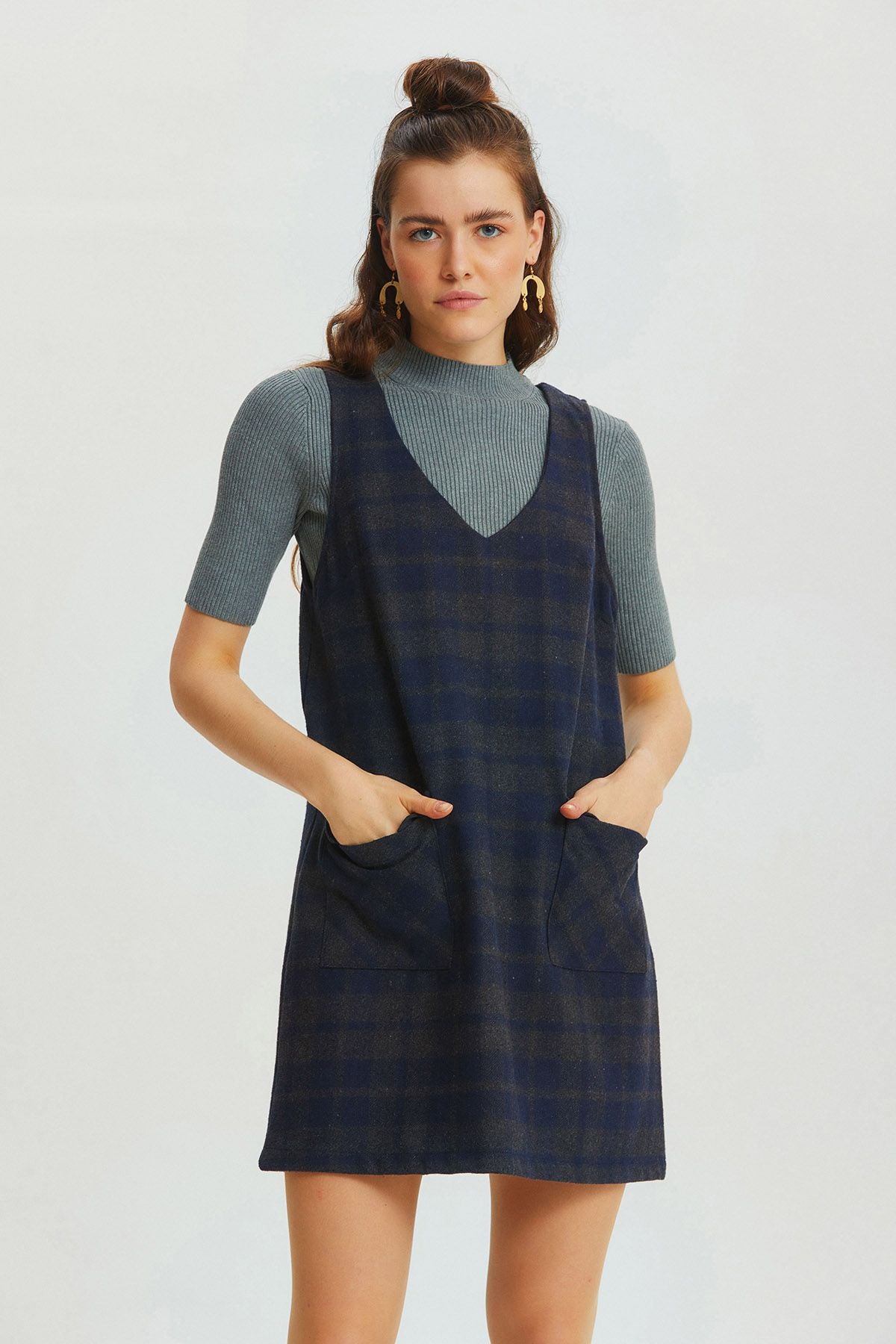 V-neck Mini Jumper Dress Dark Blue