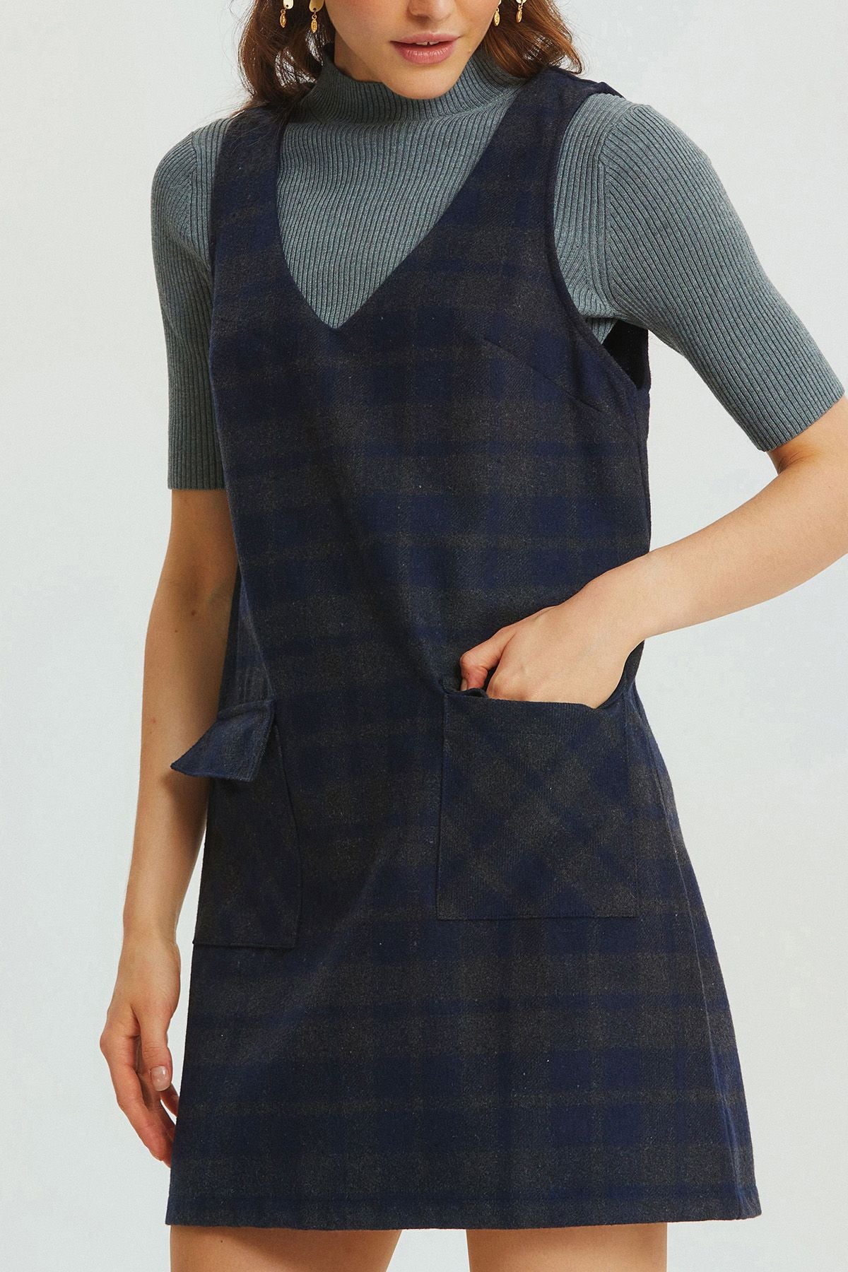 V-neck Mini Jumper Dress Dark Blue