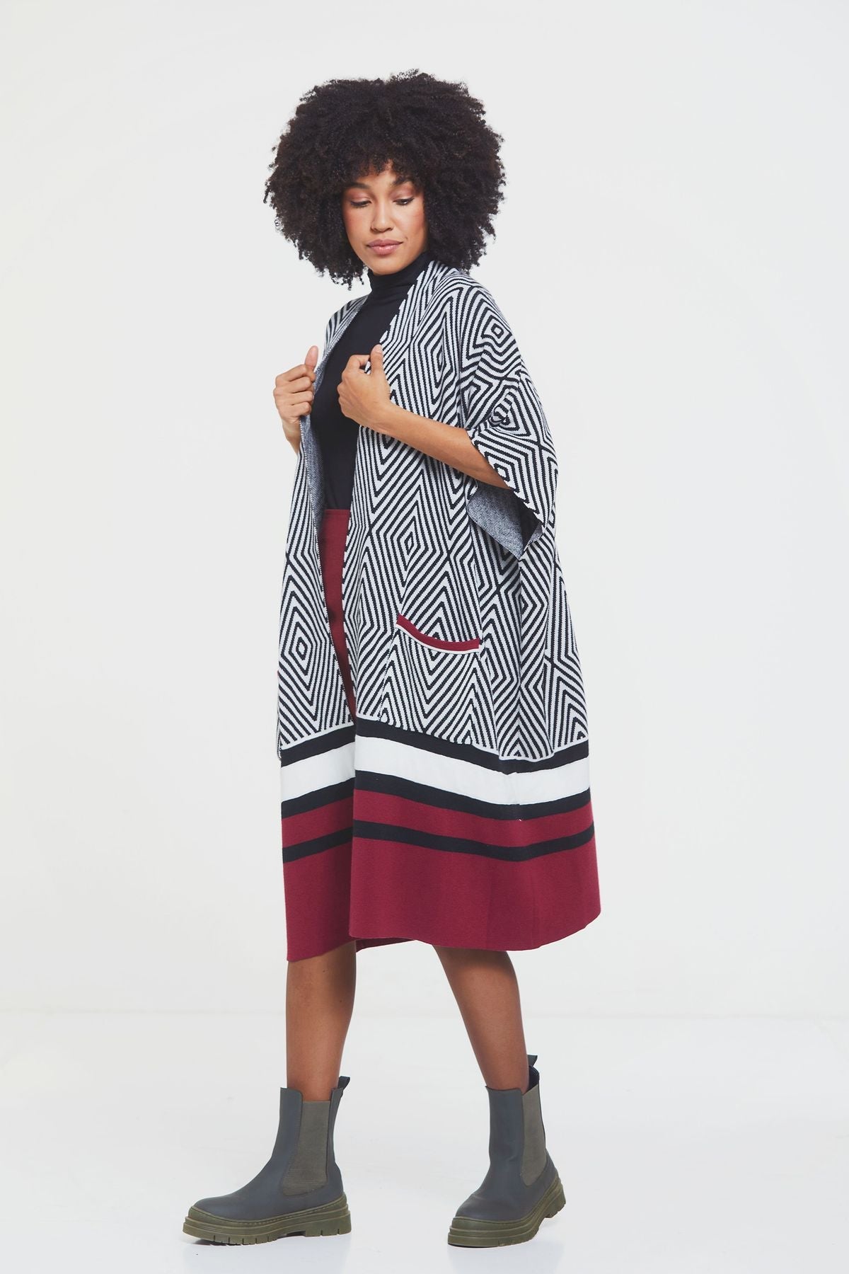 Long Crochet Poncho Dark Red