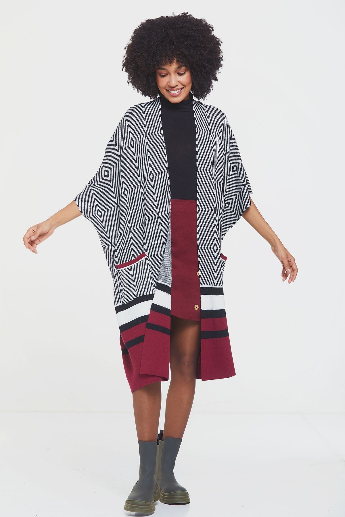 Long Crochet Poncho Dark Red