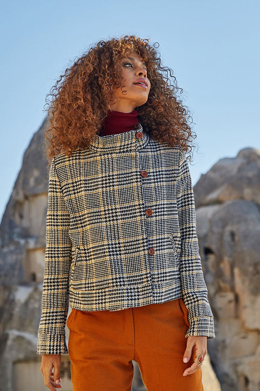 Plaid Short Boho Jacket Gray