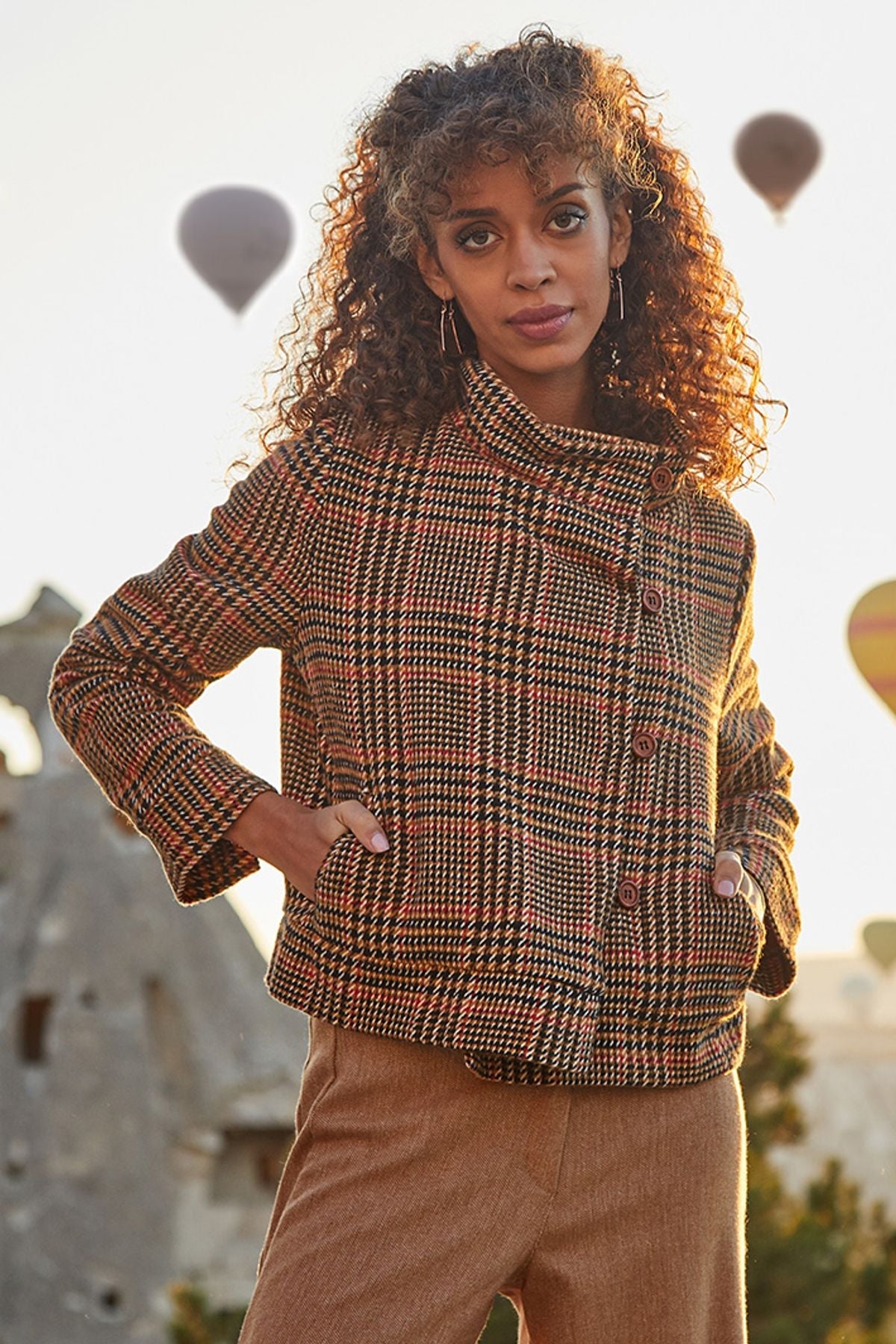 Plaid Short Boho Jacket Brown