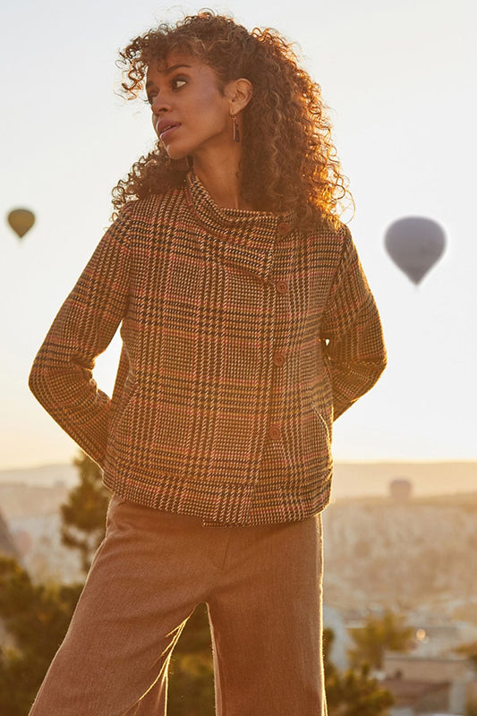 Plaid Short Boho Jacket Brown