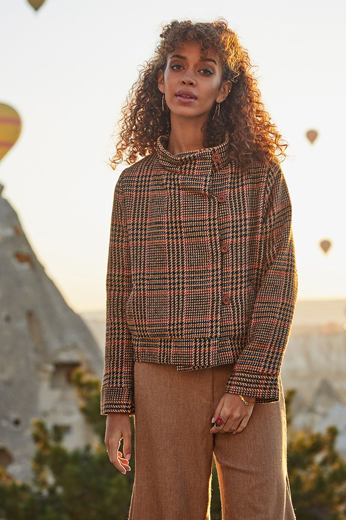 Plaid Short Boho Jacket Brown