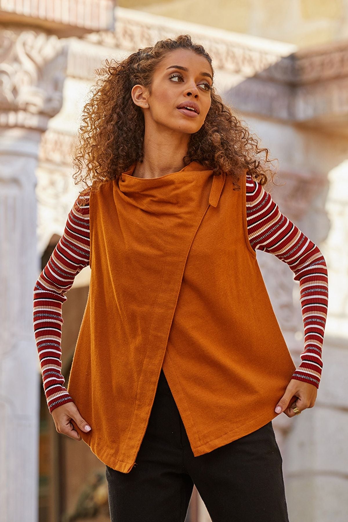 Asymmetric Boat Neck Vest Top Camel