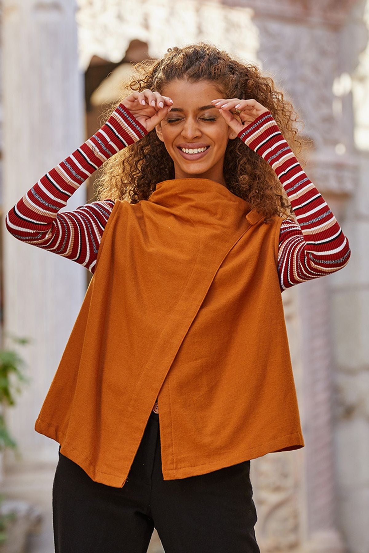 Asymmetric Boat Neck Vest Top Camel