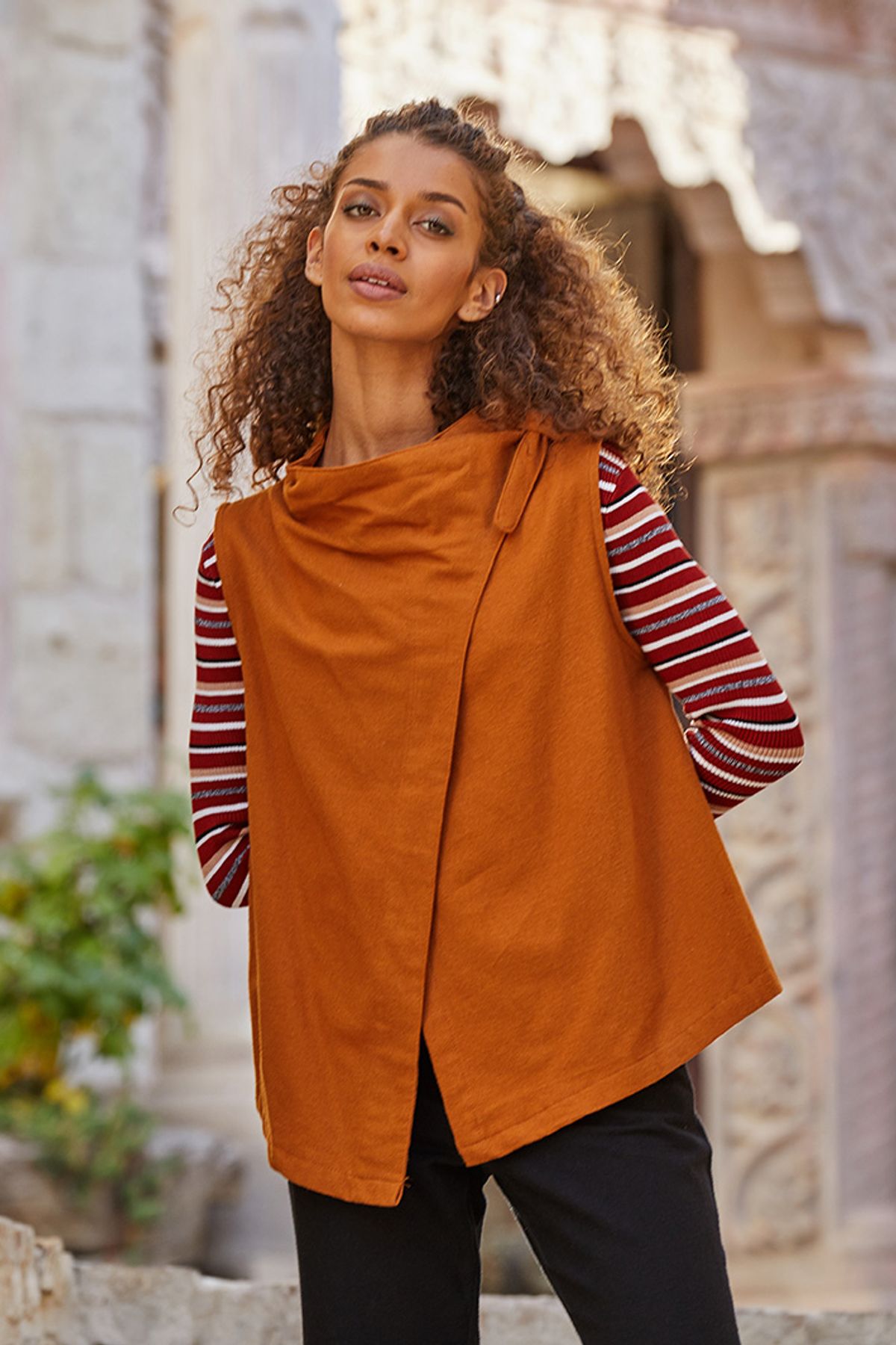 Asymmetric Boat Neck Vest Top Camel