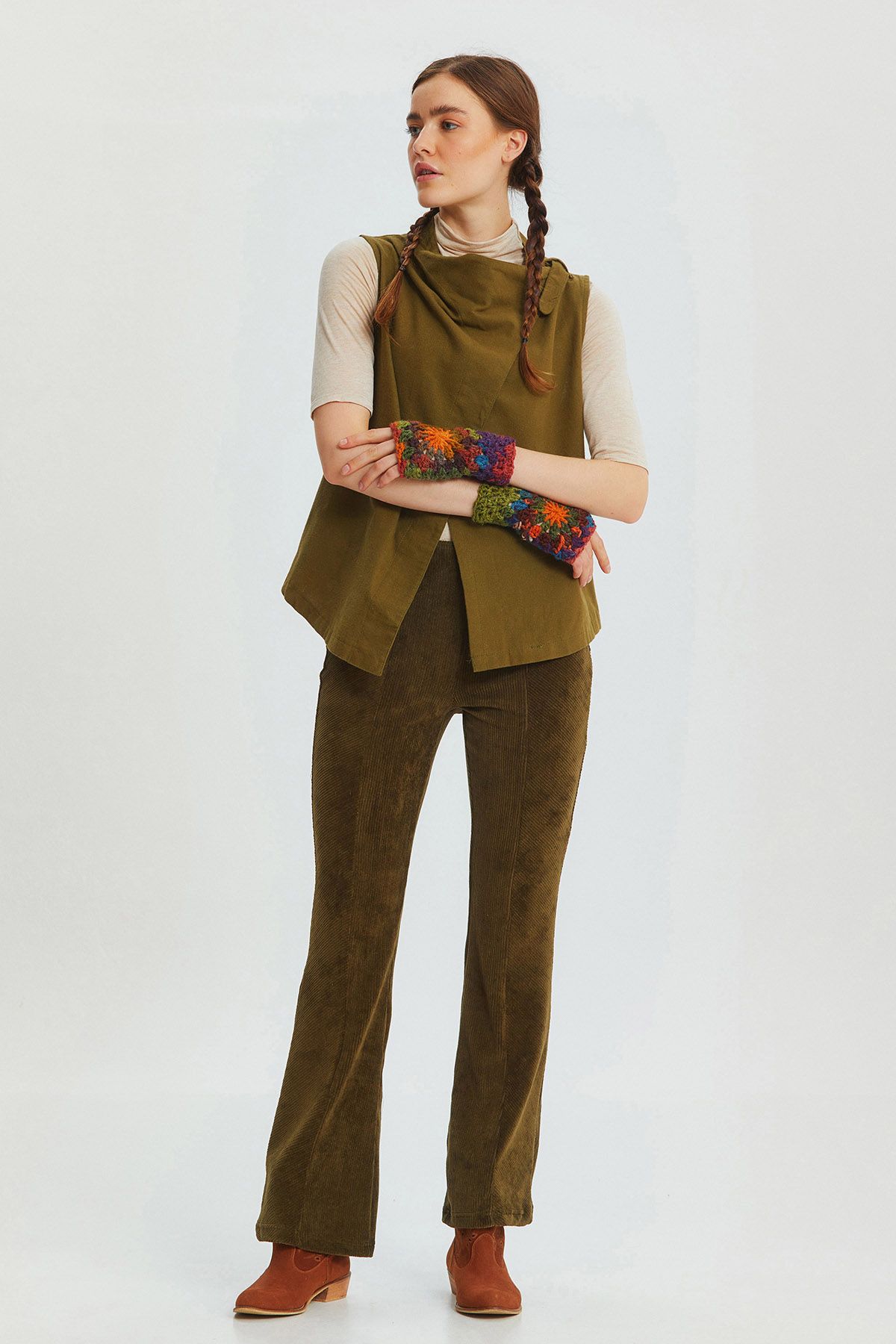 Asymmetric Boat Neck Vest Top Khaki