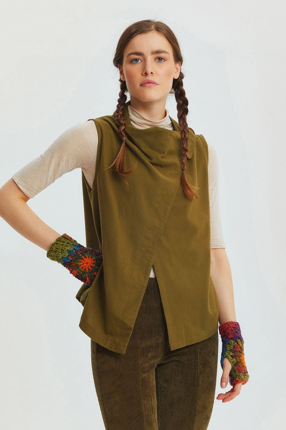 Asymmetric Boat Neck Vest Top Khaki