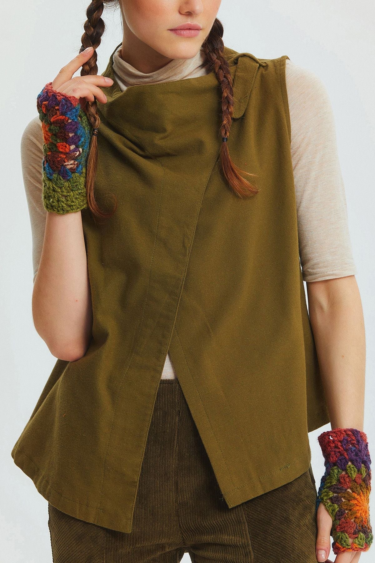 Asymmetric Boat Neck Vest Top Khaki