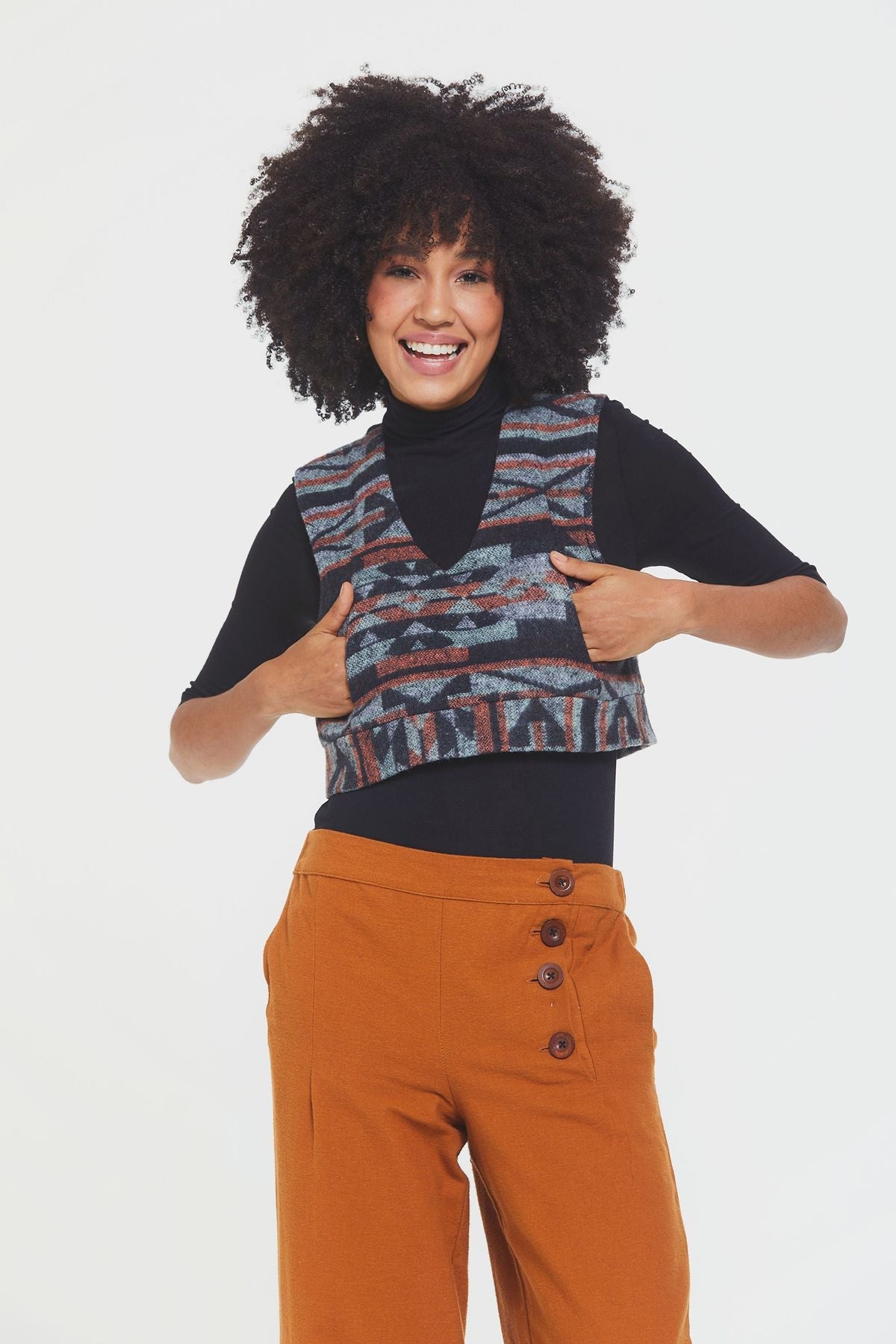 Ethnic Patterned Short Women's Vest Black