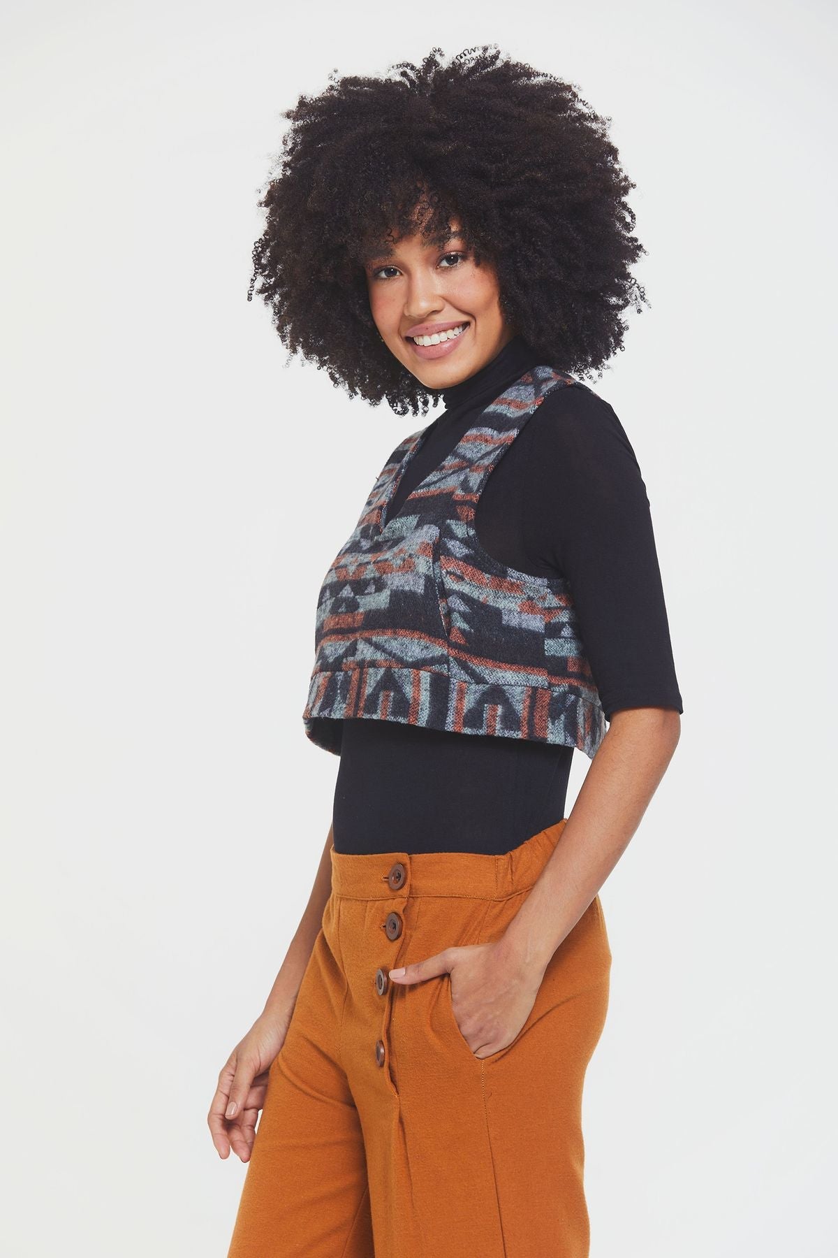 Ethnic Patterned Short Women's Vest Black