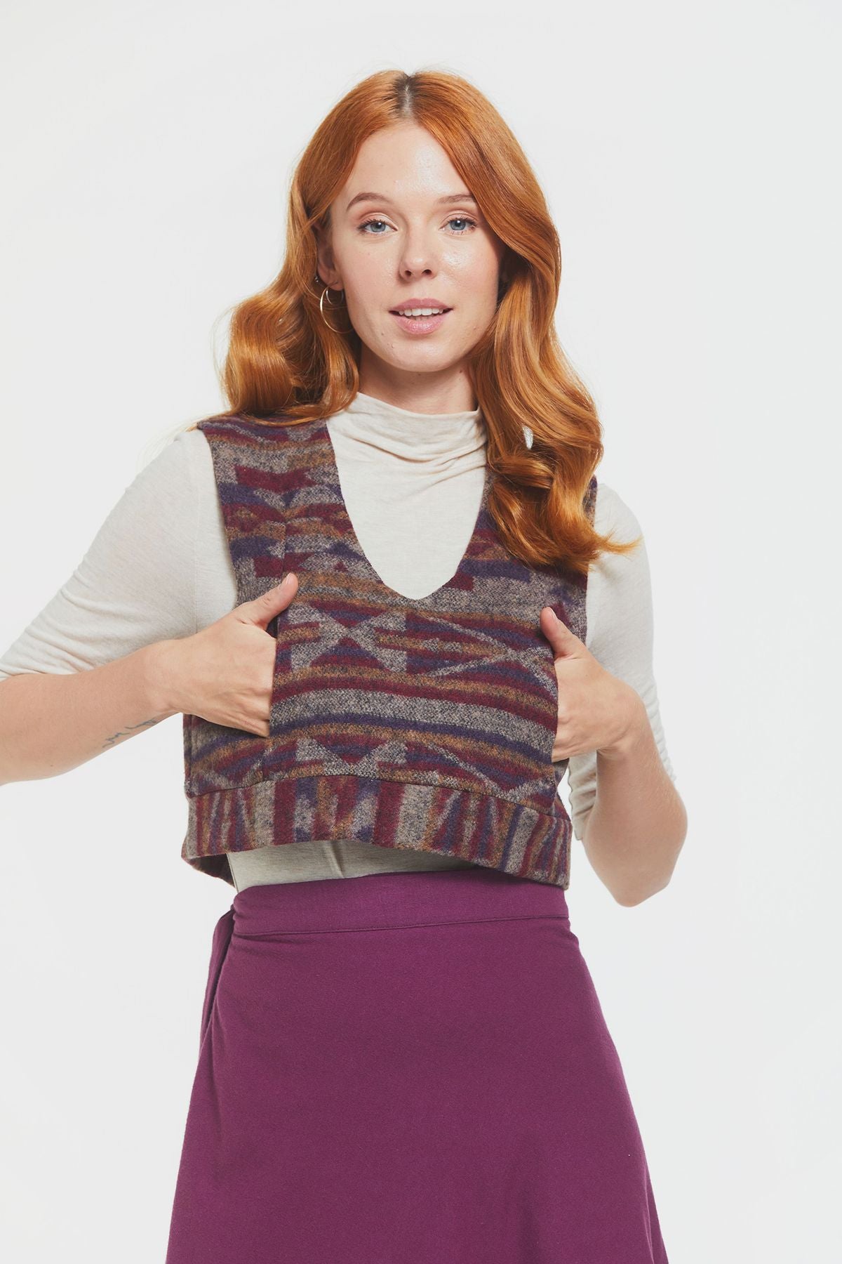 Ethnic Patterned Short Women's Vest Purple