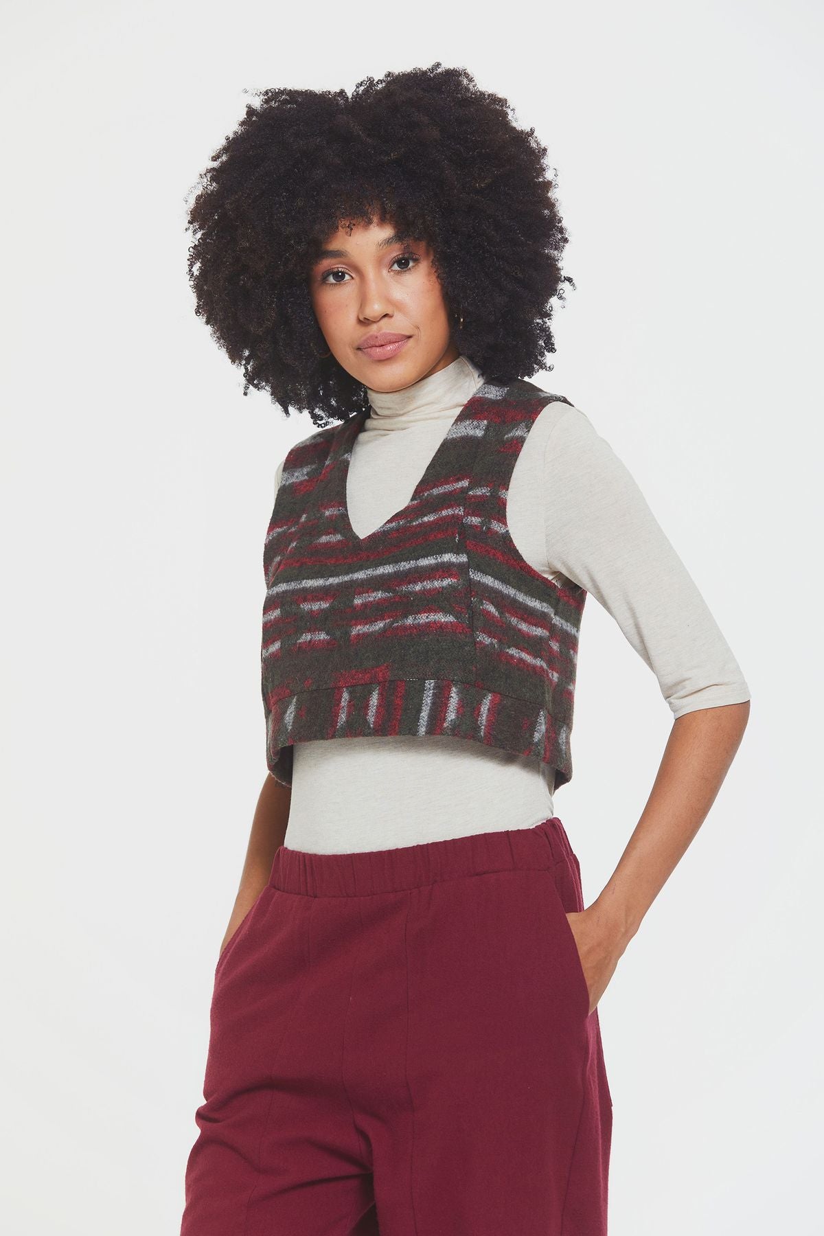 Ethnic Patterned Short Women's Vest Khaki