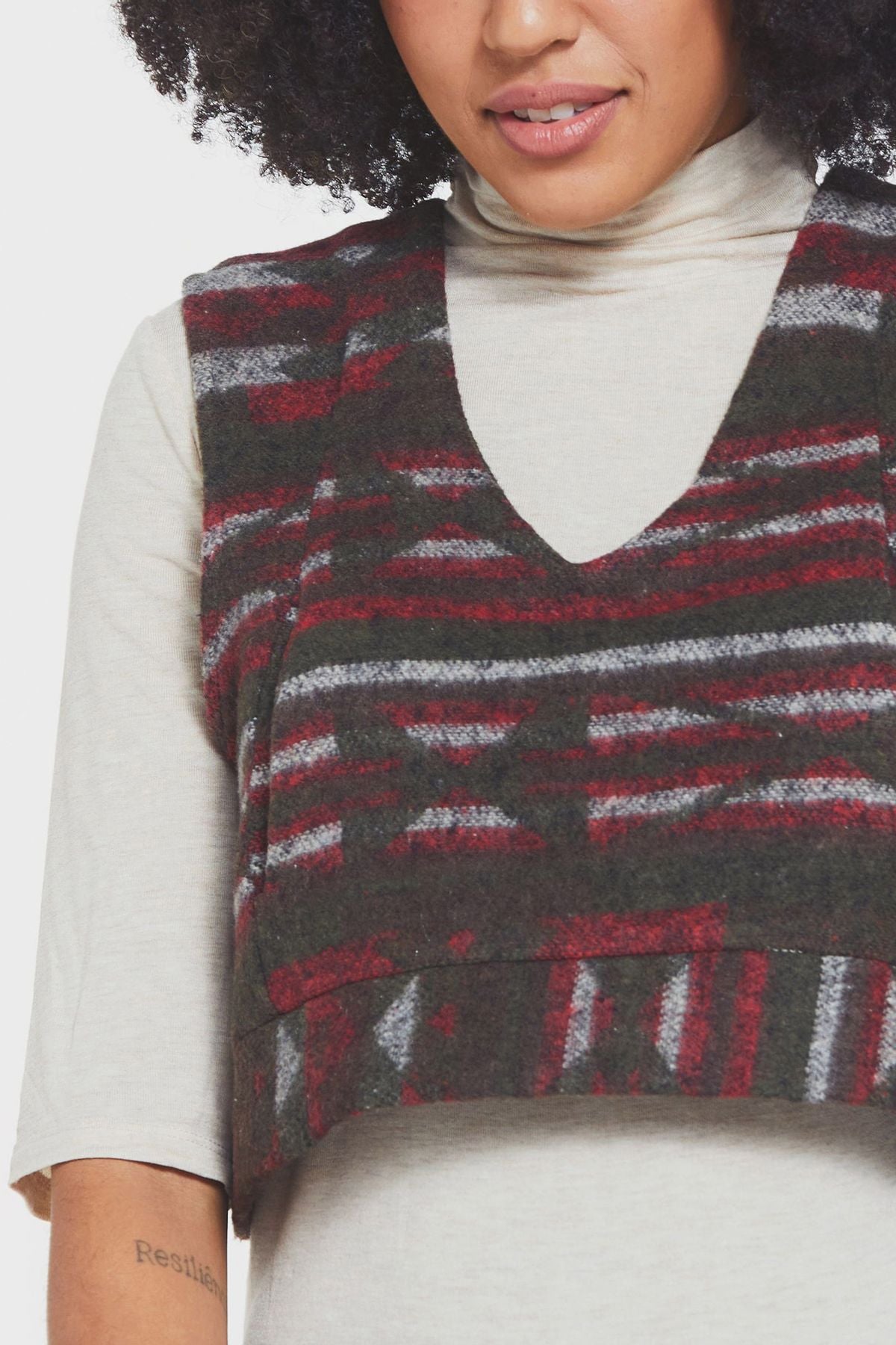 Ethnic Patterned Short Women's Vest Khaki