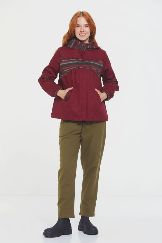 Women's Coat with Hood and Ethnic Pattern Red