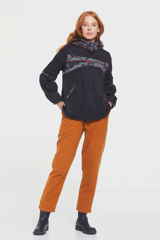 Women's Coat with Hood and Ethnic Pattern Black