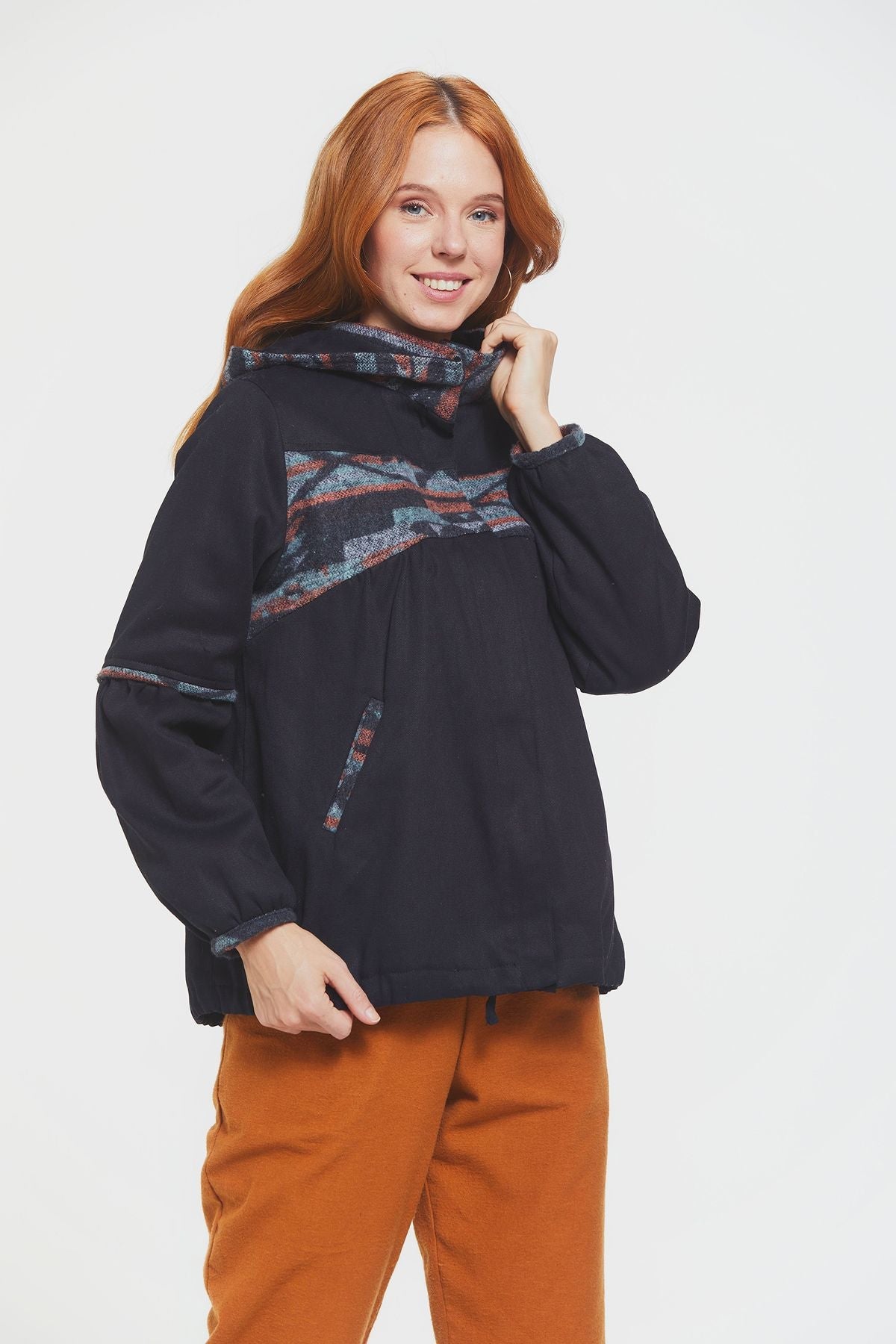 Women's Coat with Hood and Ethnic Pattern Black