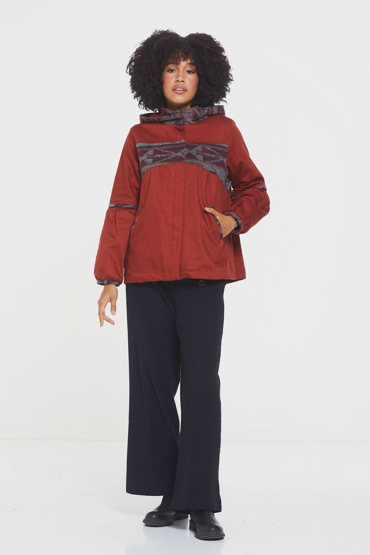 Women's Coat with Hood and Ethnic Pattern Orange