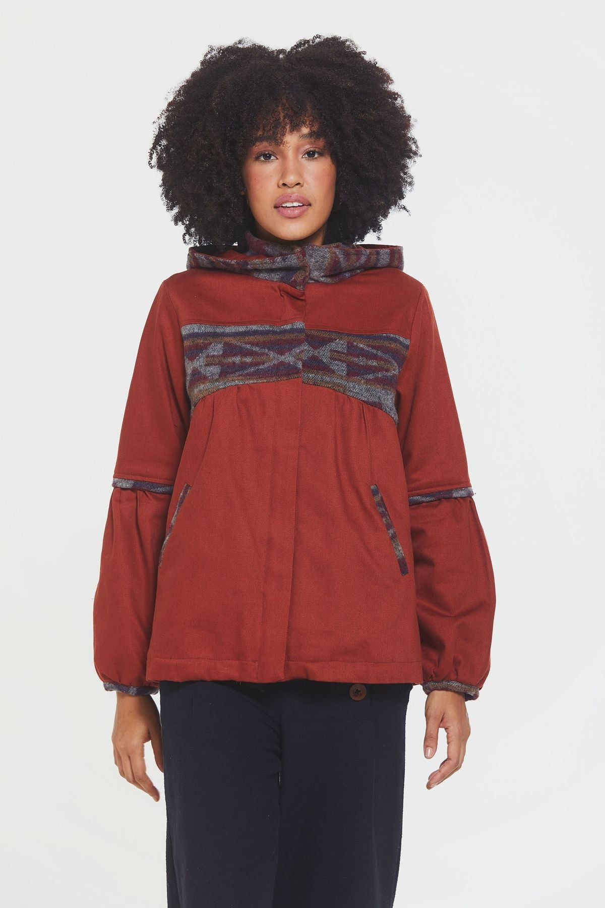 Women's Coat with Hood and Ethnic Pattern Orange