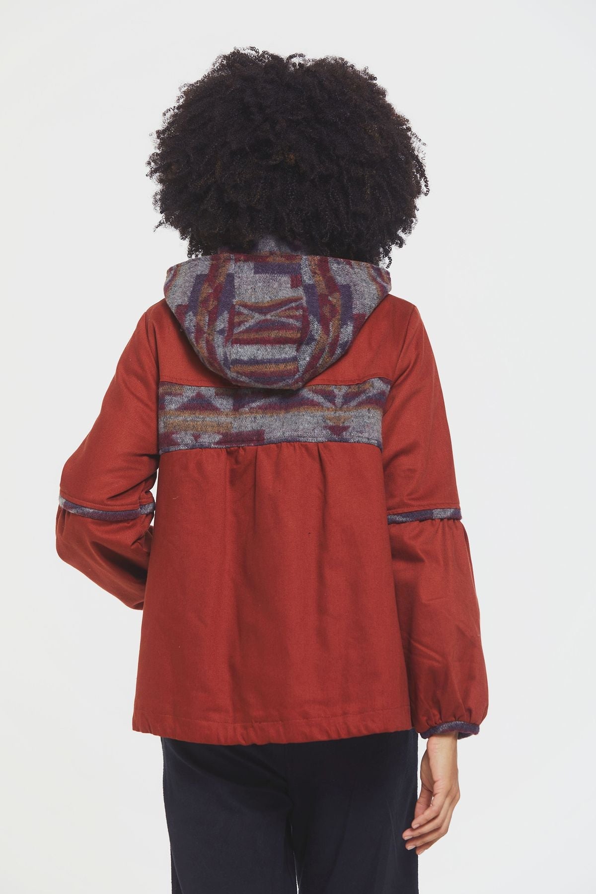 Women's Coat with Hood and Ethnic Pattern Orange