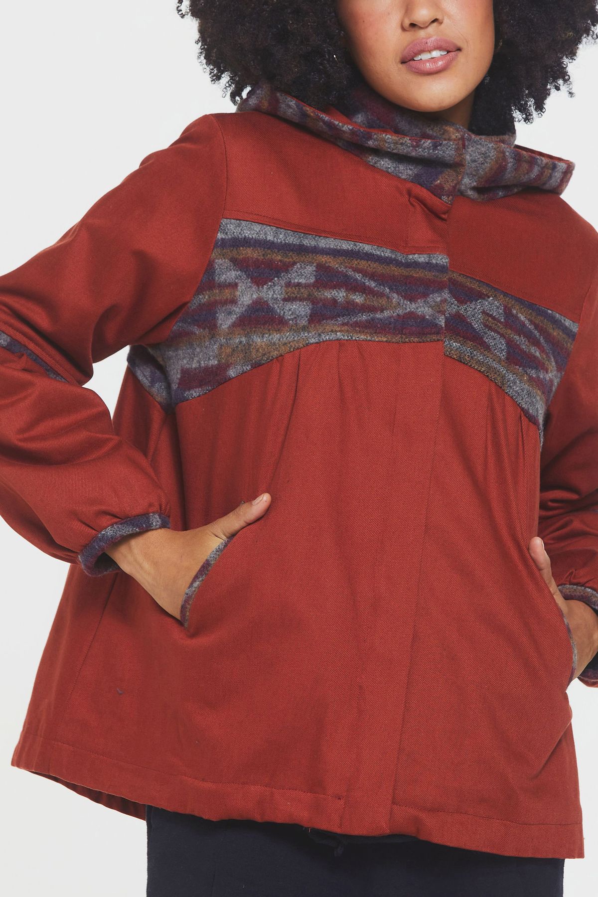 Women's Coat with Hood and Ethnic Pattern Orange