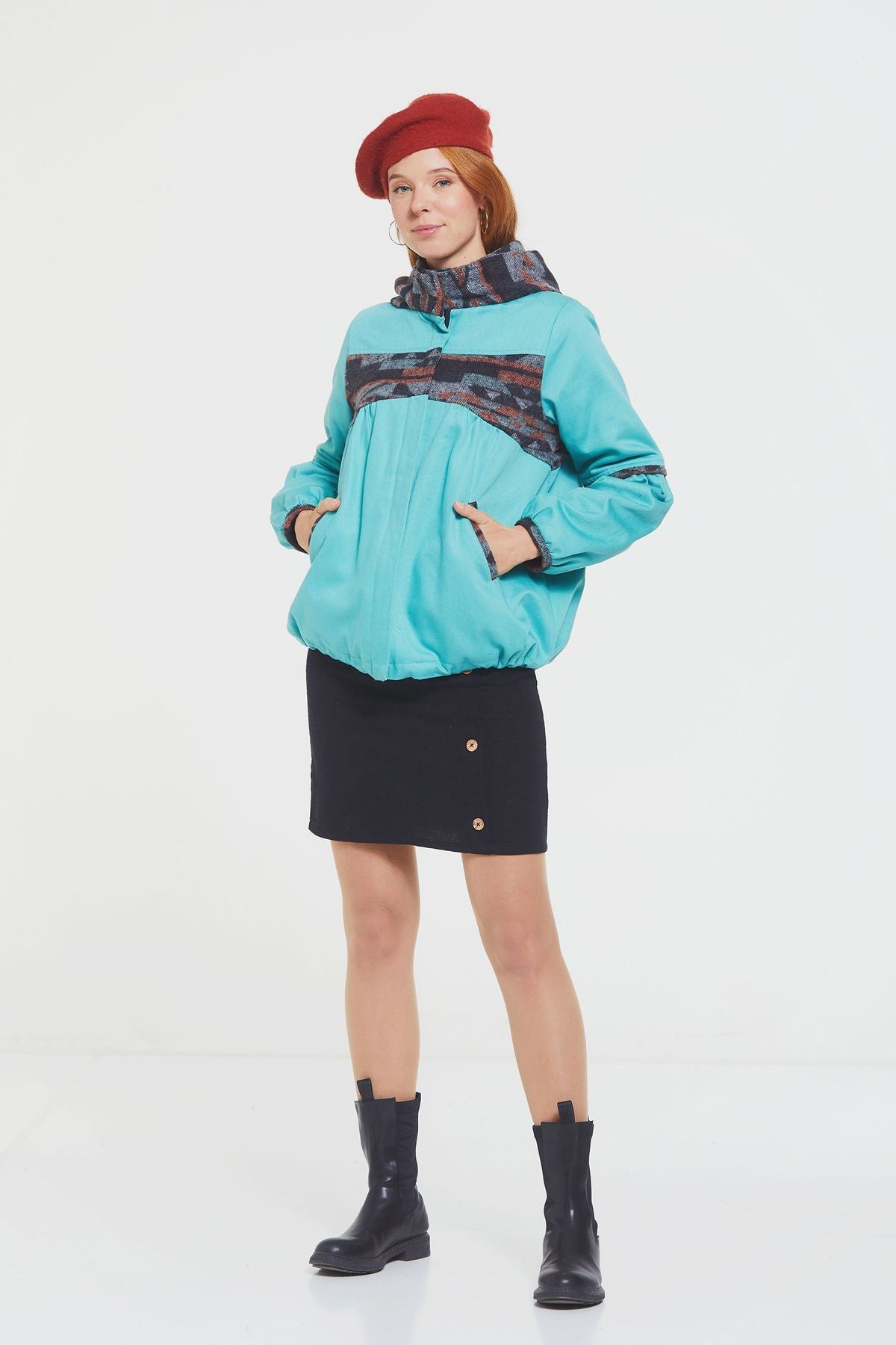 Women's Coat with Hood and Ethnic Pattern Turquoise