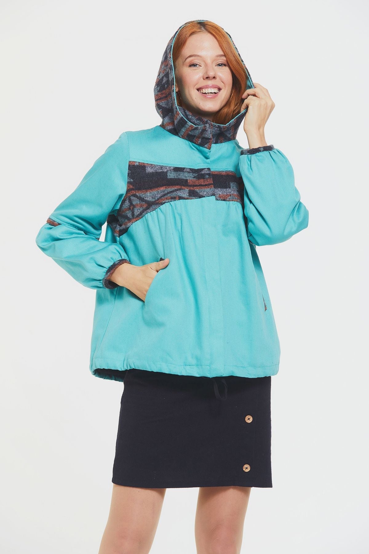 Women's Coat with Hood and Ethnic Pattern Turquoise