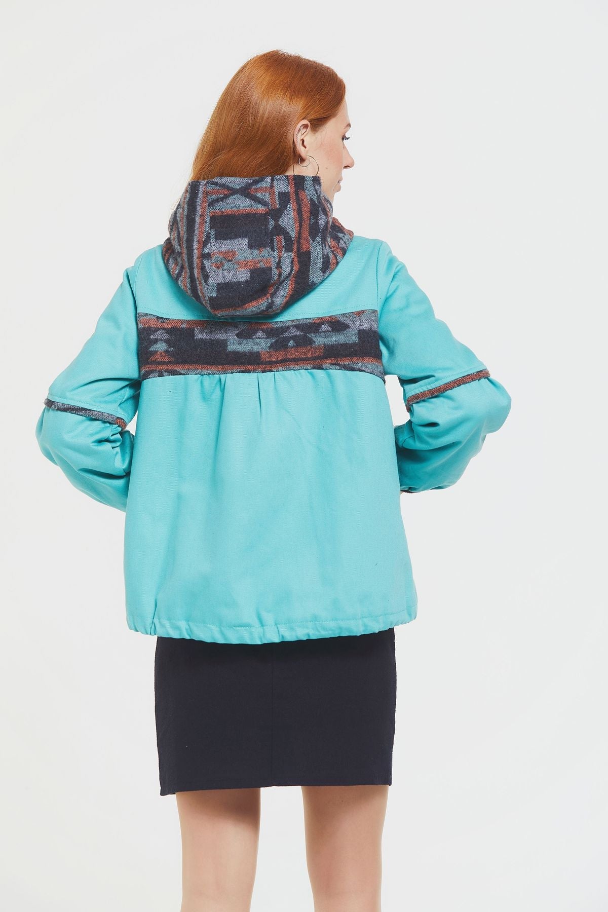 Women's Coat with Hood and Ethnic Pattern Turquoise