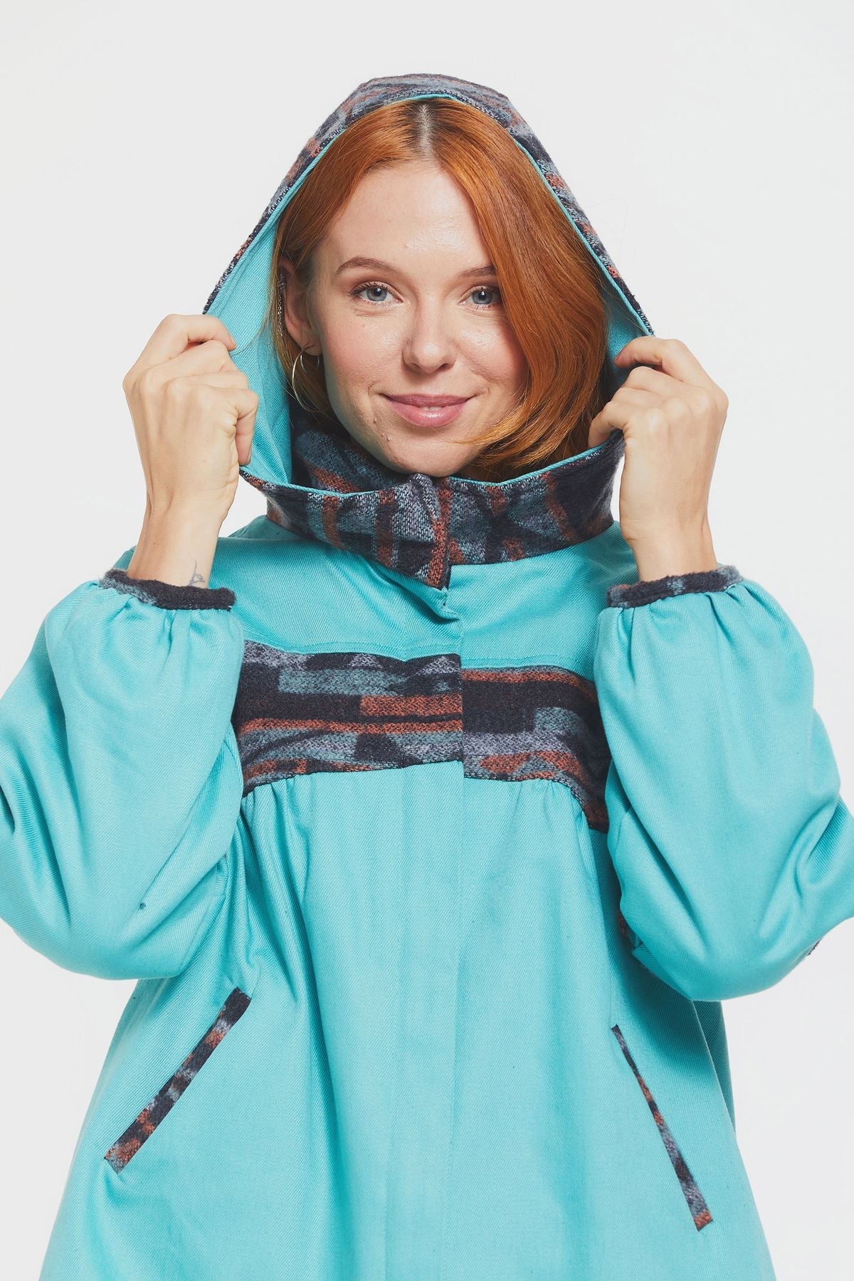 Women's Coat with Hood and Ethnic Pattern Turquoise