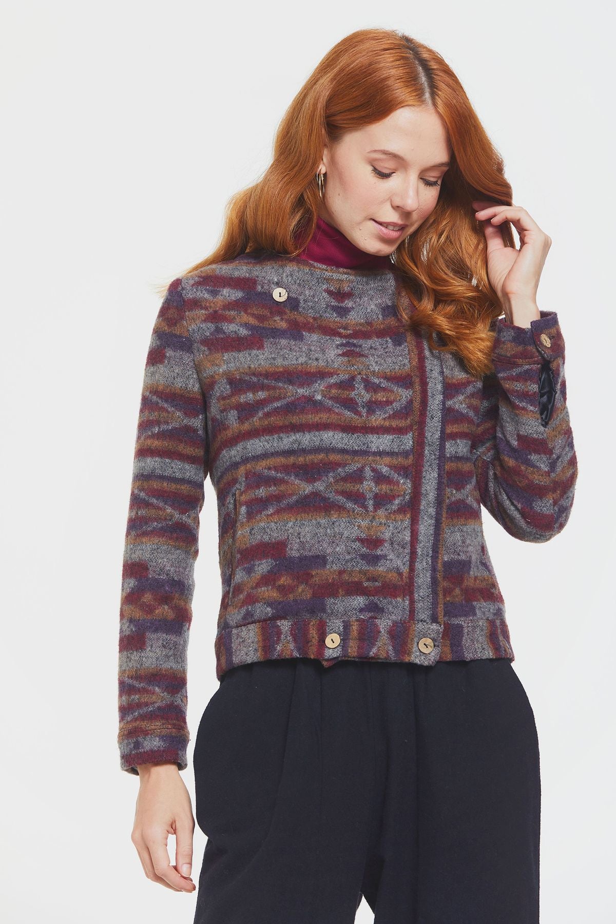 Ethnic Patterned Women's Jacket with Lining Purple