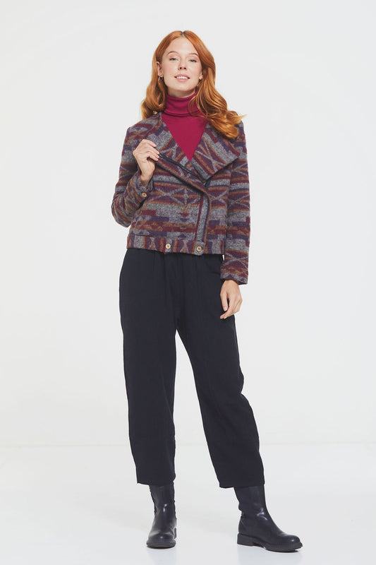 Ethnic Patterned Women's Jacket with Lining Purple