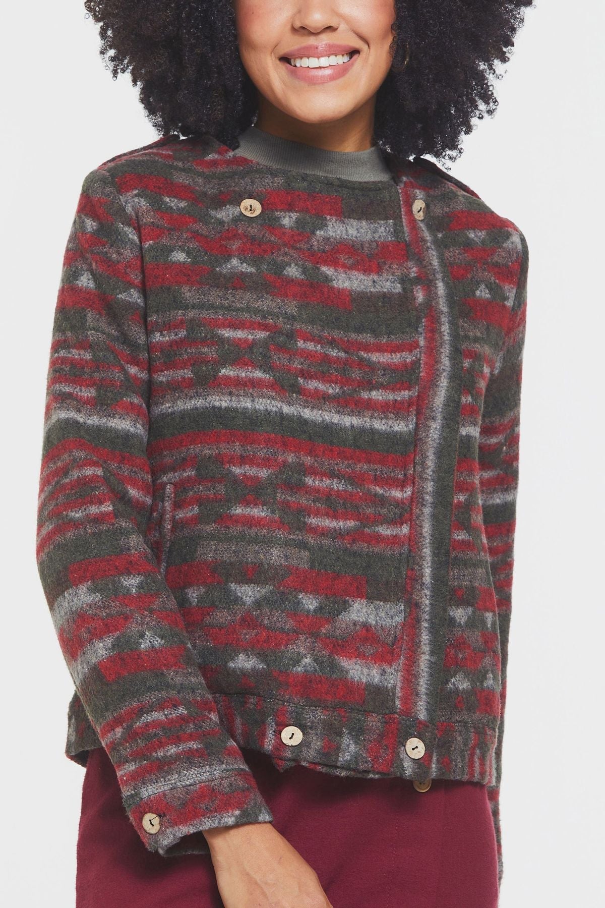 Ethnic Patterned Women's Jacket with Lining Khaki
