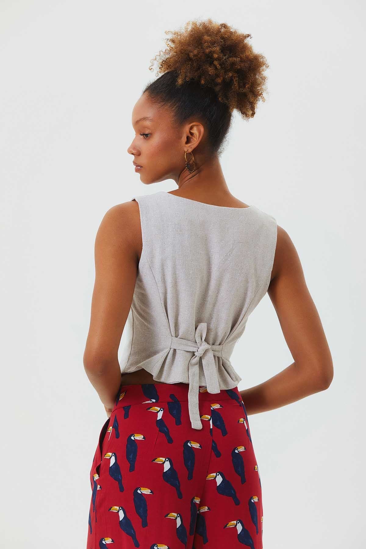 V Neck Sleeveless Classic Cut Boho Vest Beige