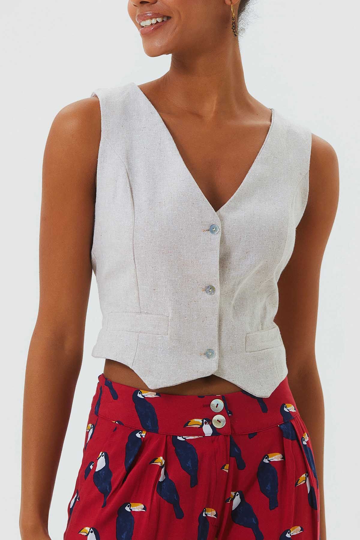 V Neck Sleeveless Classic Cut Boho Vest Beige