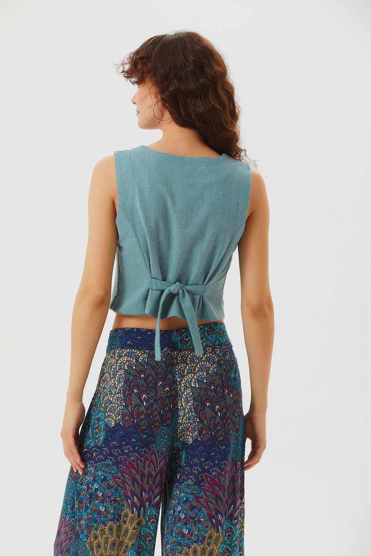 V Neck Sleeveless Classic Cut Boho Vest Light Blue