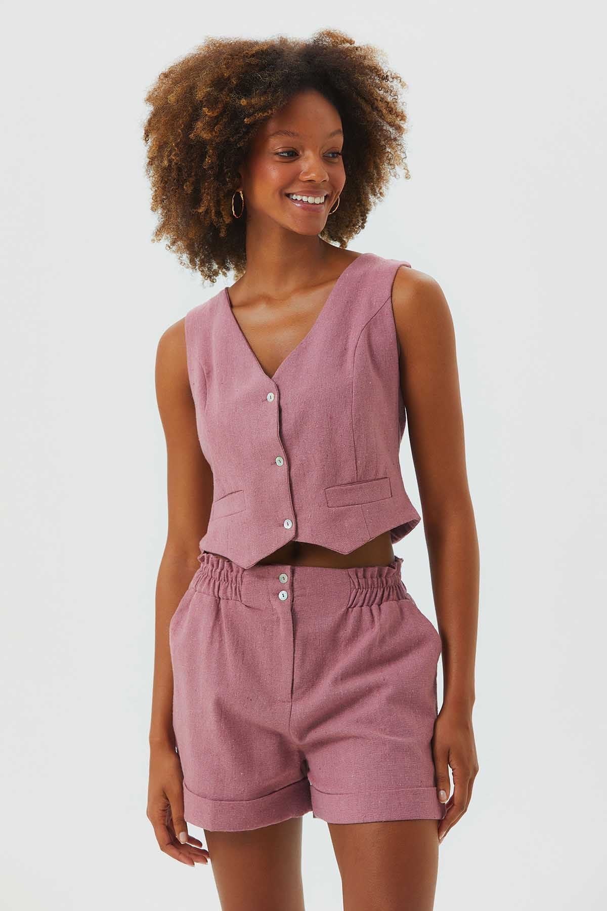 V Neck Sleeveless Classic Cut Boho Vest Pink