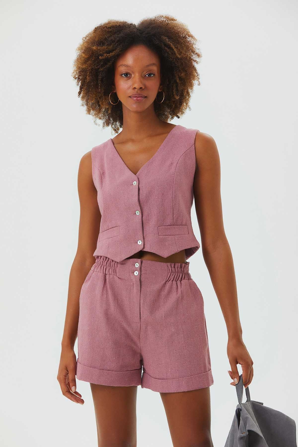 V Neck Sleeveless Classic Cut Boho Vest Pink