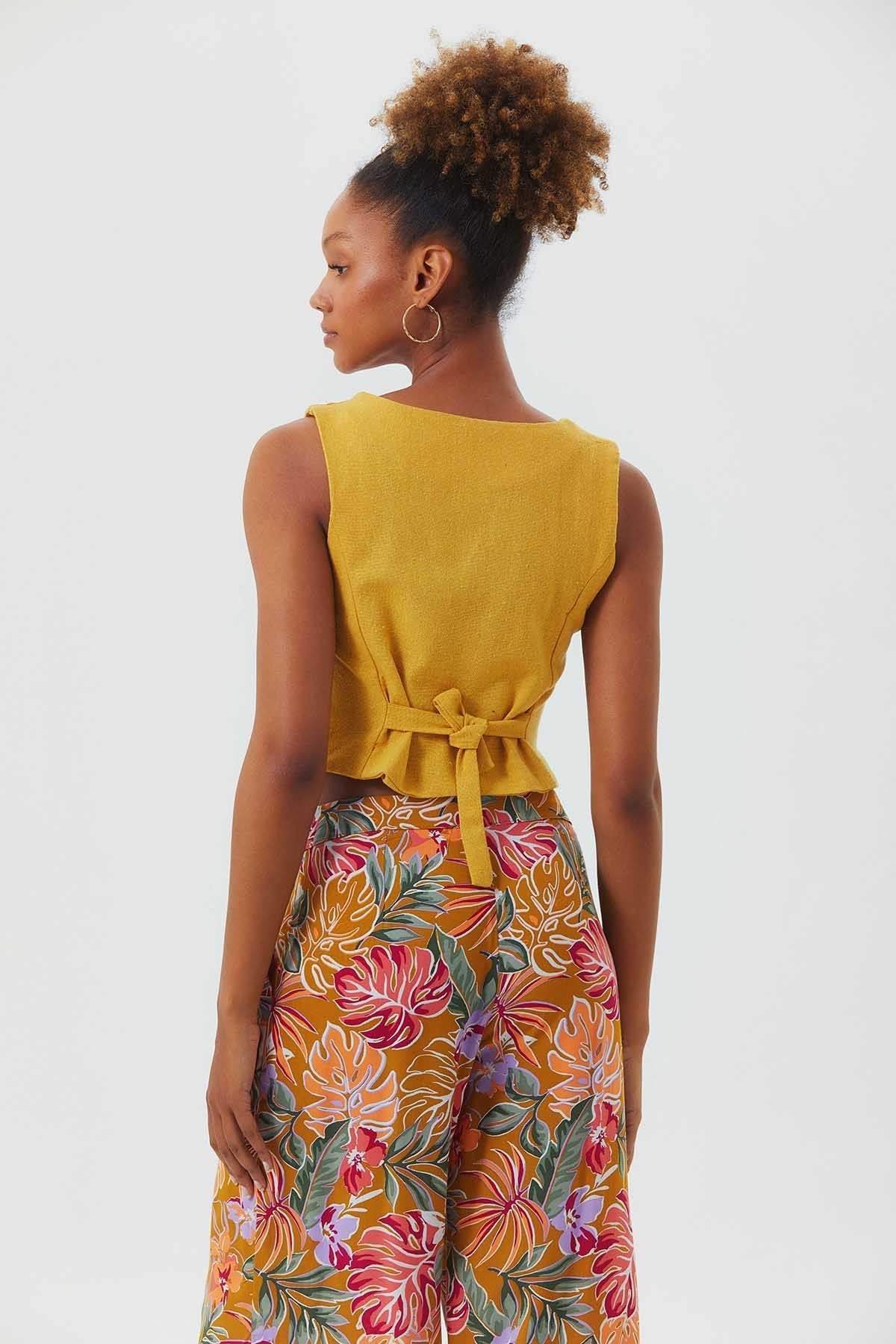 V Neck Sleeveless Classic Cut Boho Vest Yellow