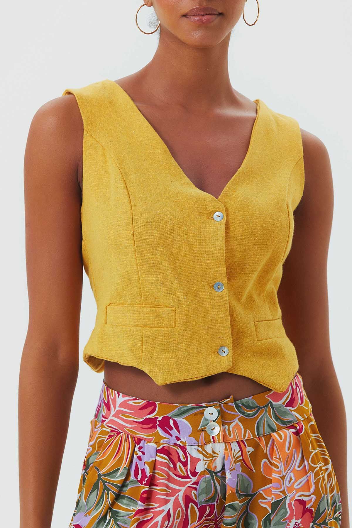 V Neck Sleeveless Classic Cut Boho Vest Yellow
