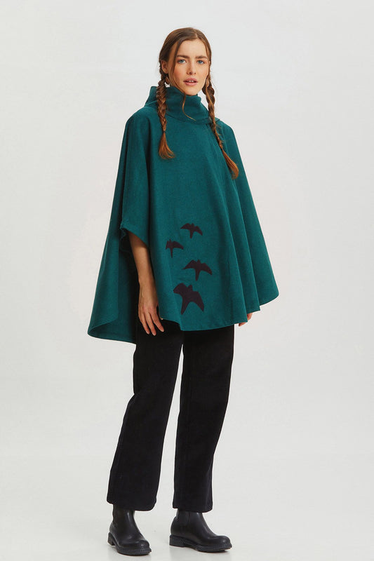 Bird Appliqué Bohemian Poncho Green