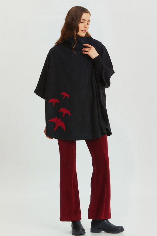 Bird Appliqué Bohemian Poncho Black