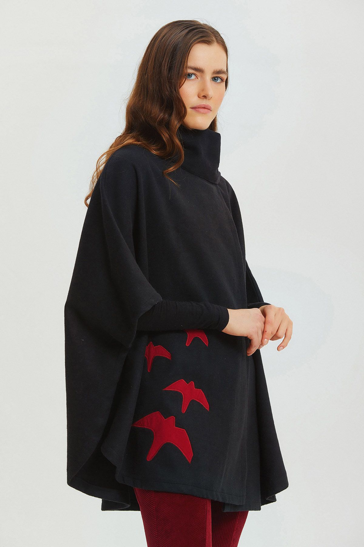 Bird Appliqué Bohemian Poncho Black