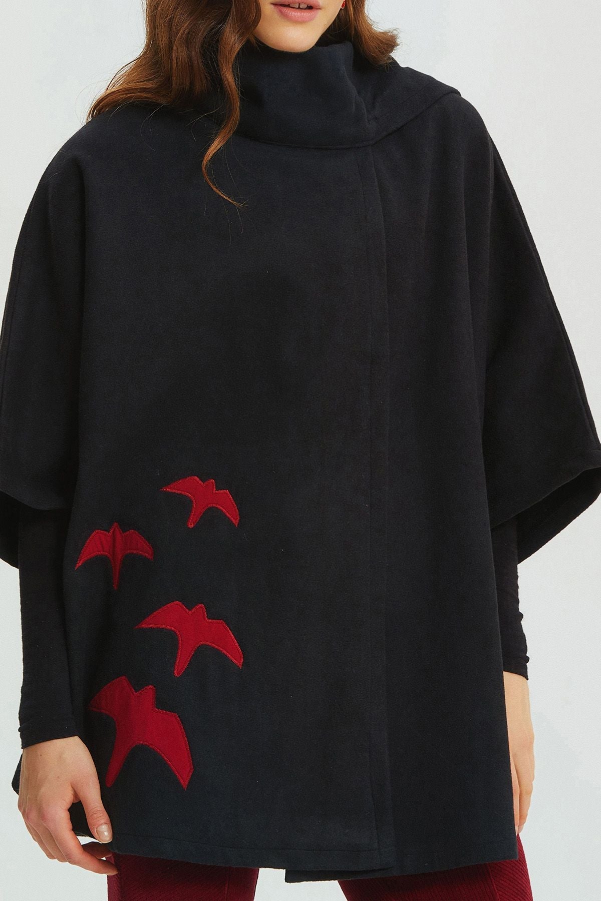 Bird Appliqué Bohemian Poncho Black