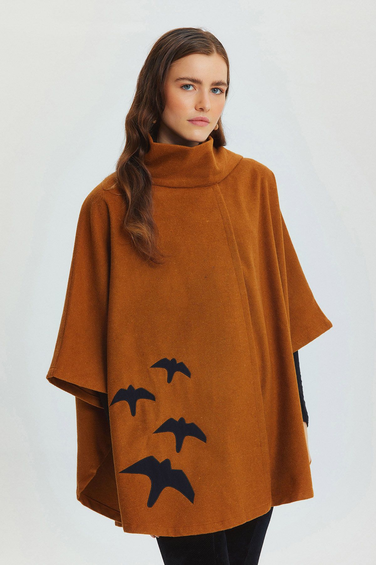 Bird Appliqué Bohemian Poncho Camel