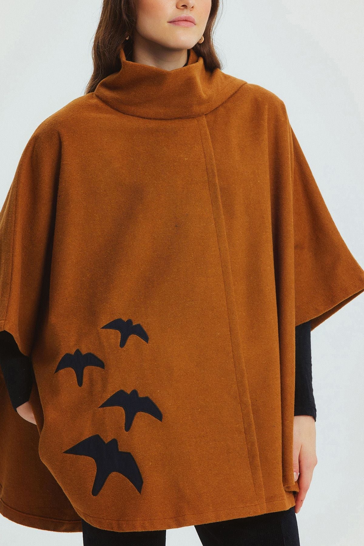 Bird Appliqué Bohemian Poncho Camel
