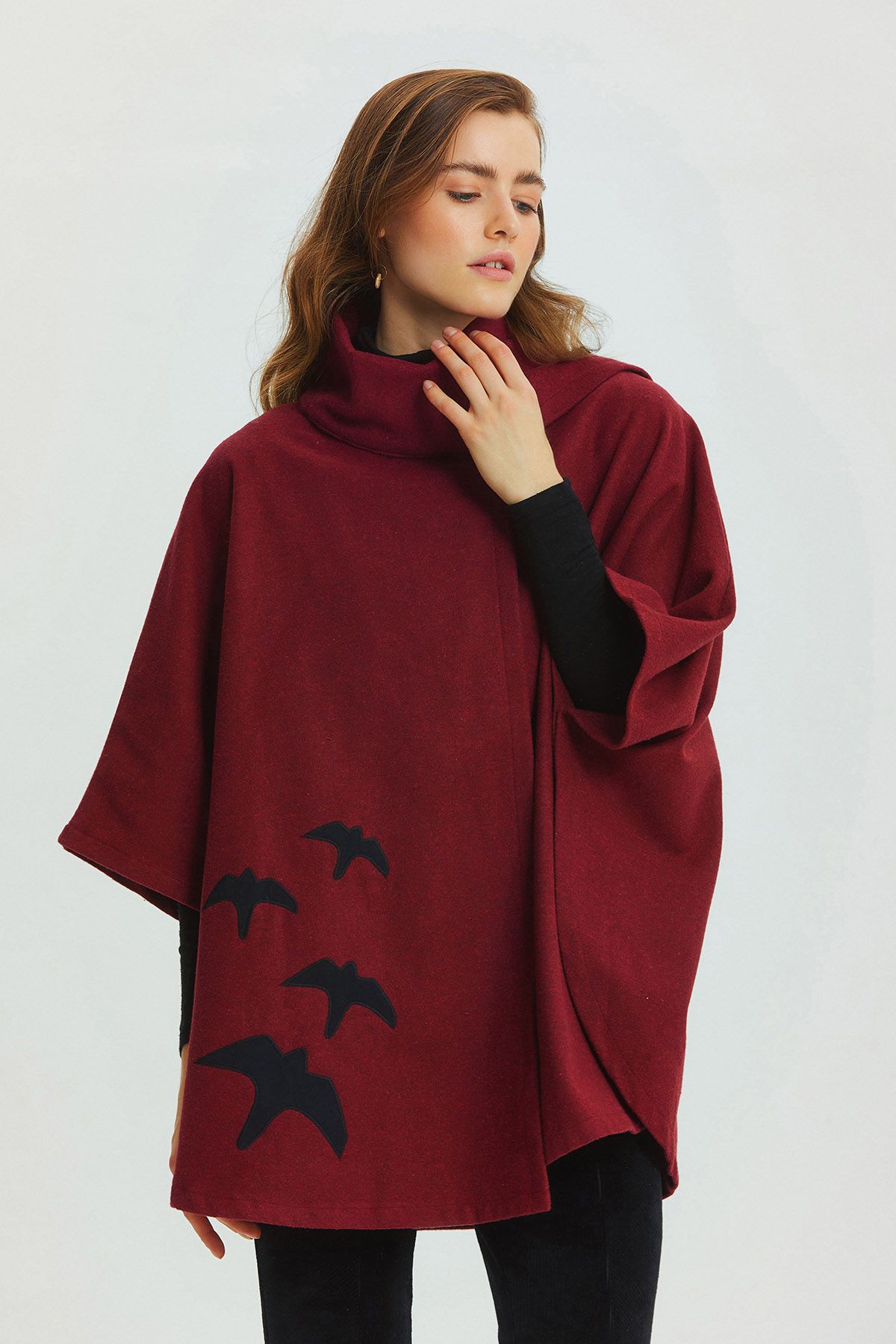 Bird Appliqué Bohemian Poncho Dark Red