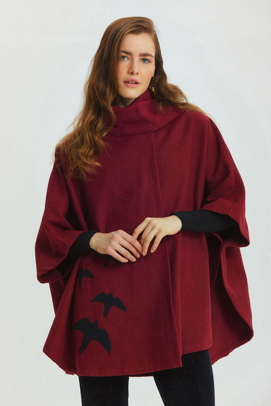 Bird Appliqué Bohemian Poncho Dark Red