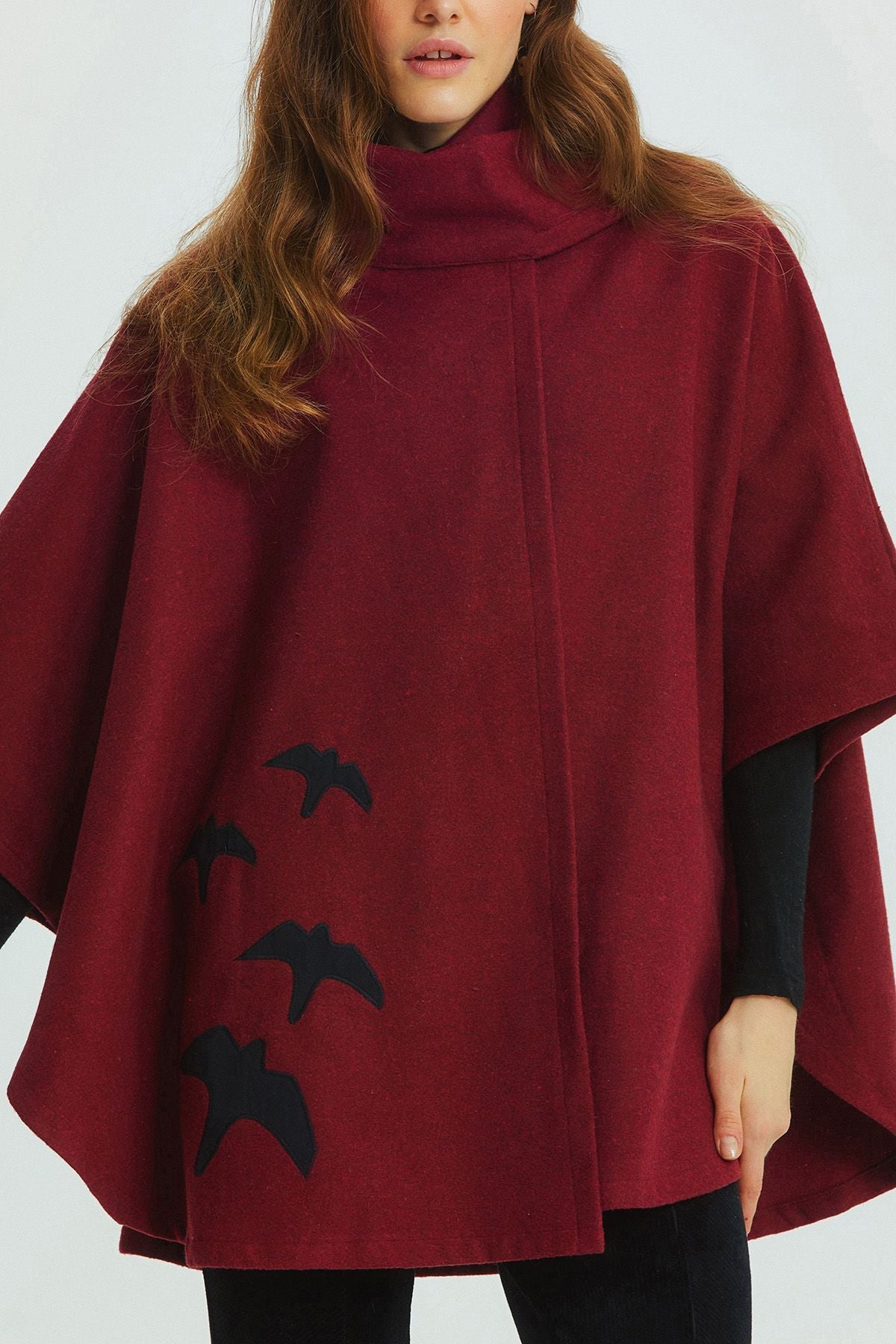 Bird Appliqué Bohemian Poncho Dark Red